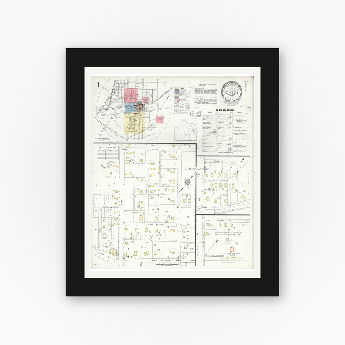 Old map wall art mockup — black gallery frame with white mat — Sanborn Fire Insurance Map from Dayton, Liberty County, Texas (1943), Sheet #0001