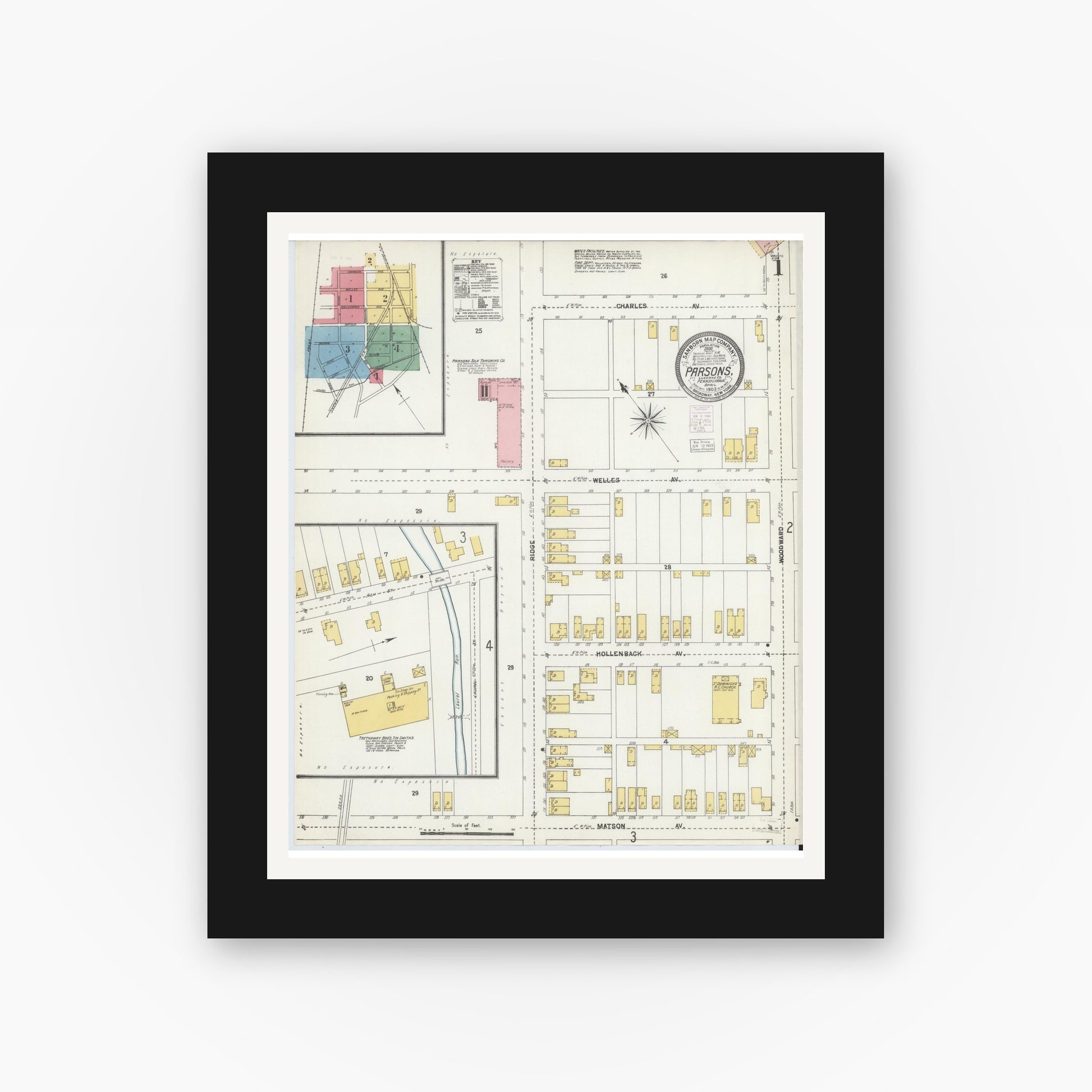 Old map wall art mockup — black gallery frame with white mat — Sanborn Fire Insurance Map from Parsons, Luzerne County, Pennsylvania (1903) - Complete Map Set