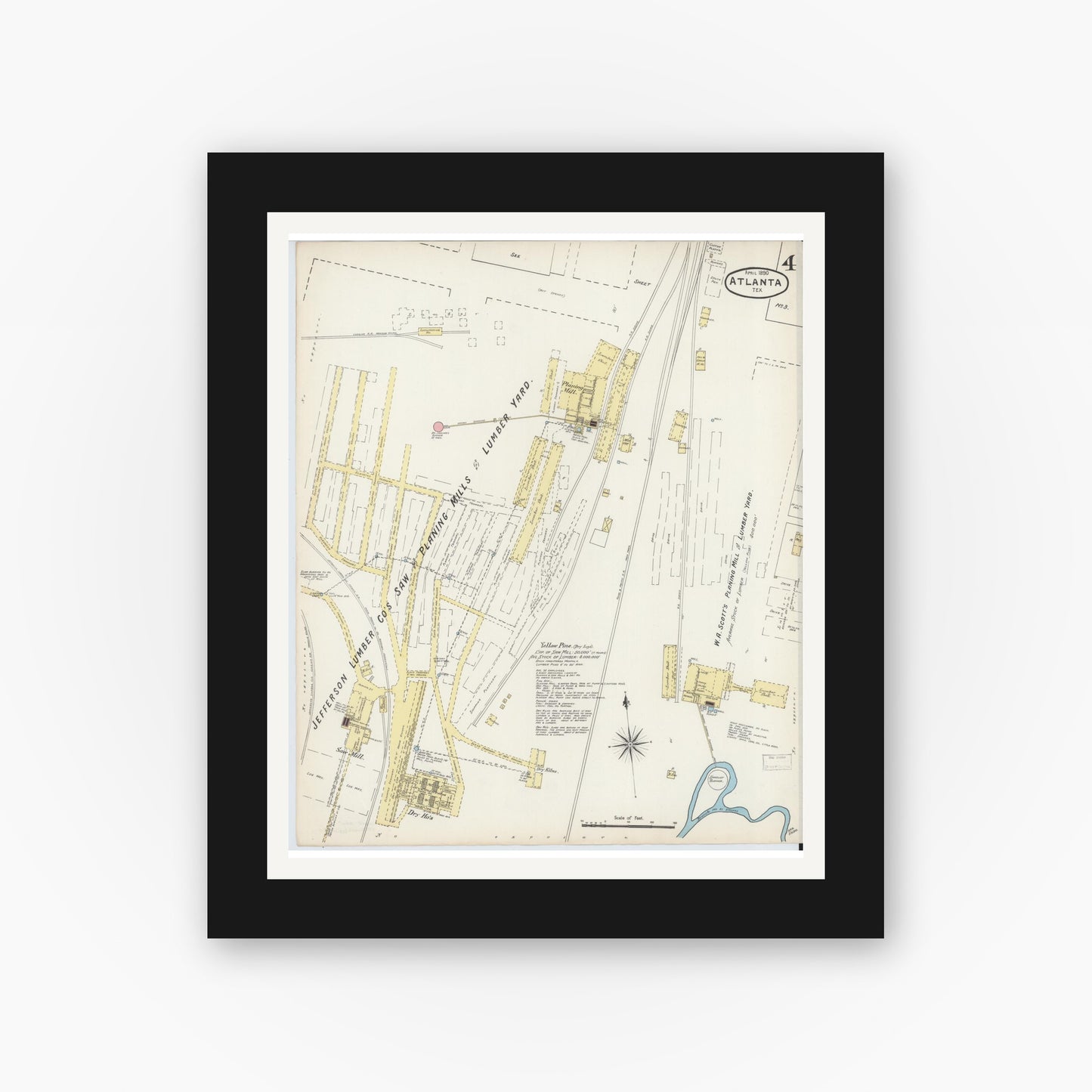 Old map wall art mockup — black gallery frame with white mat — Sanborn Fire Insurance Map from Atlanta, Cass County, Texas (1890), Sheet #0004