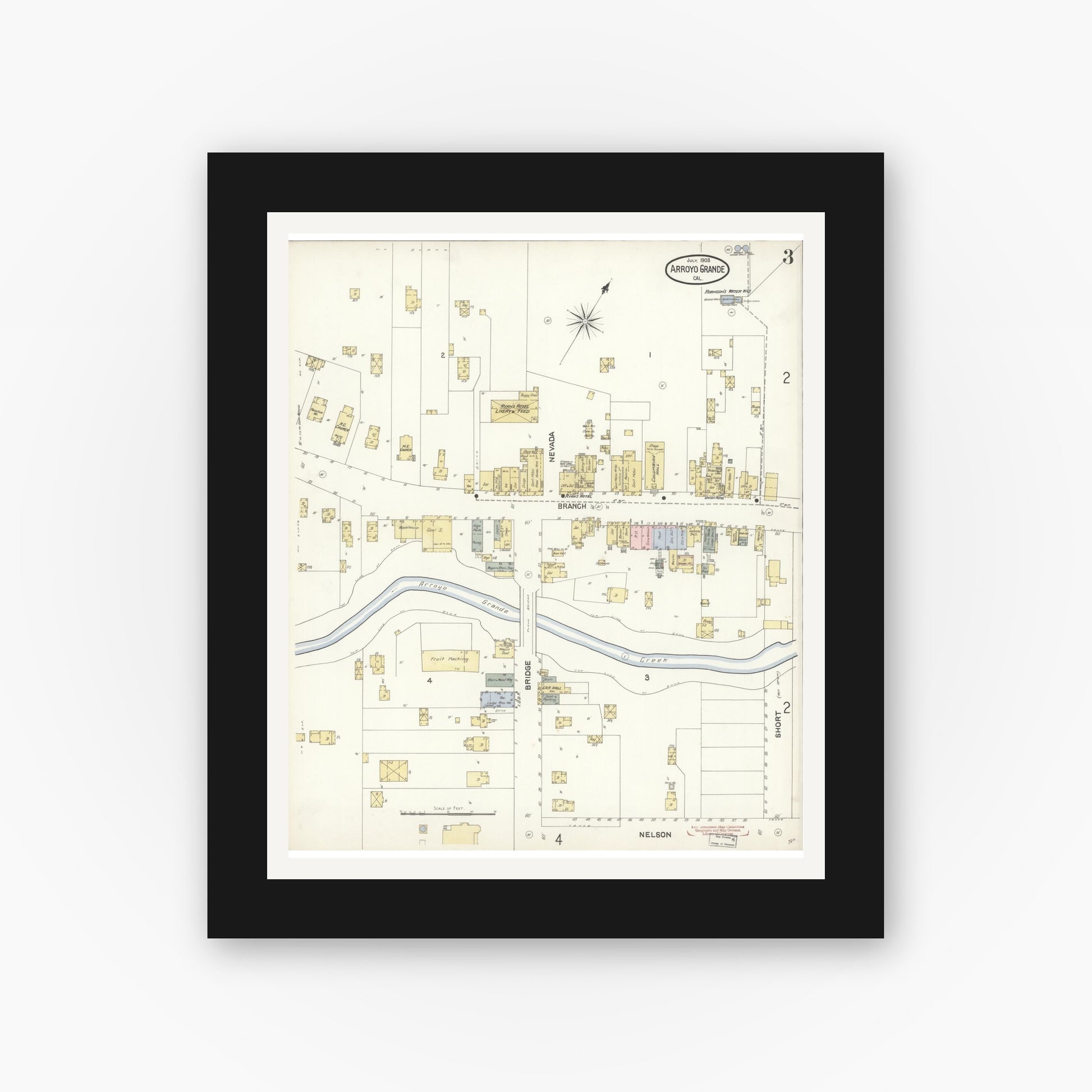 Old map wall art mockup — black gallery frame with white mat — Sanborn Fire Insurance Map from Arroyo Grande, San Luis Obispo County, California (1903), Sheet #0003