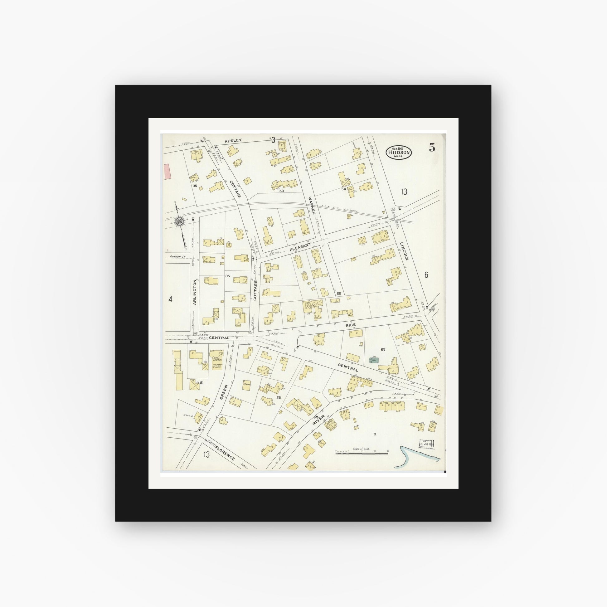 Old map wall art mockup — black gallery frame with white mat — Sanborn Fire Insurance Map from Hudson, Middlesex County, Massachusetts (1909), Sheet #0005