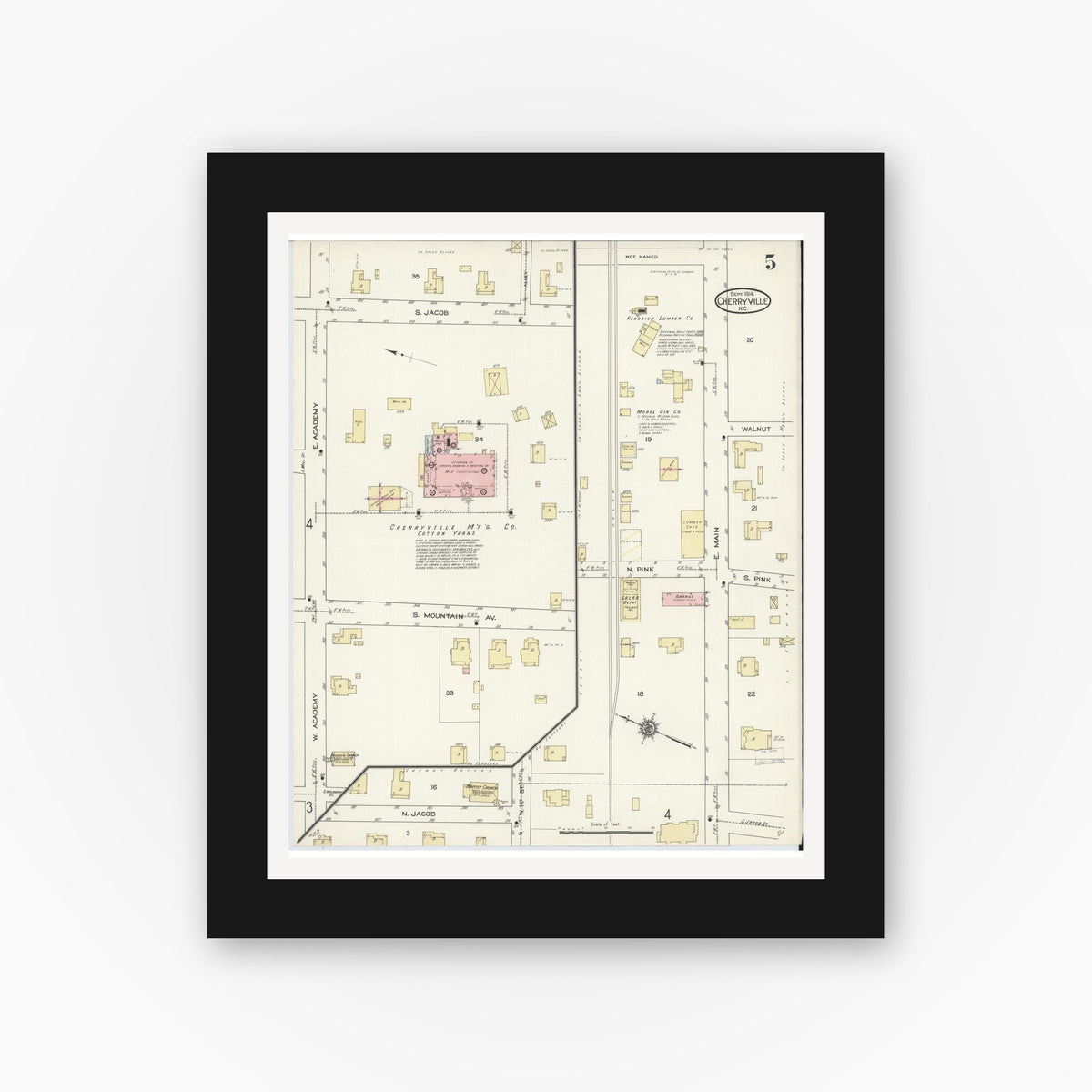 Old map wall art mockup — black gallery frame with white mat — Sanborn Fire Insurance Map from Cherryville, Gaston County, North Carolina (1914), Sheet #0005