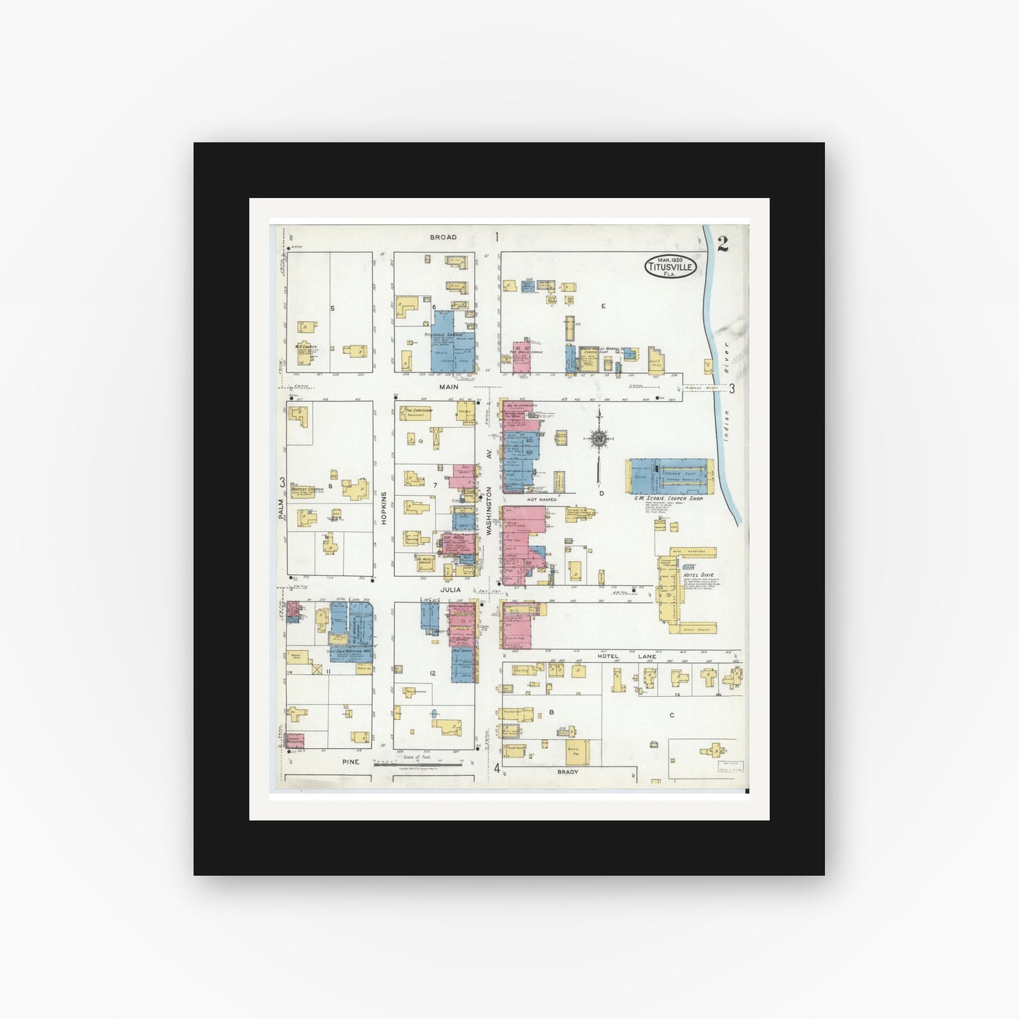 Old map wall art mockup — black gallery frame with white mat — Sanborn Fire Insurance Map from Titusville, Brevard County, Florida (1920), Sheet #0002
