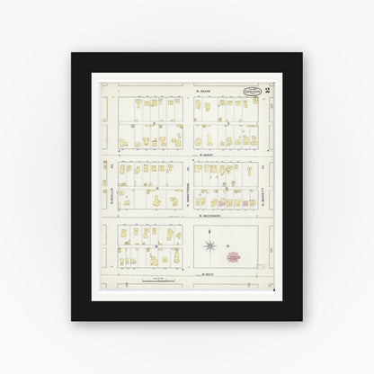 Old map wall art mockup — black gallery frame with white mat — Sanborn Fire Insurance Map from Denison, Grayson County, Texas (1892), Sheet #0002