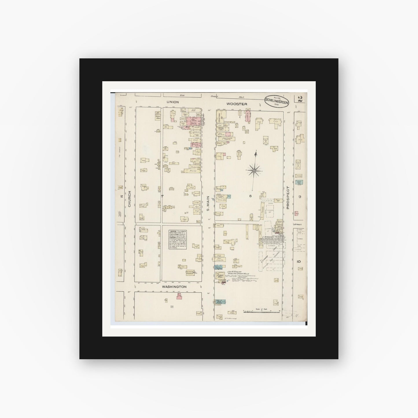 Old map wall art mockup — black gallery frame with white mat — Sanborn Fire Insurance Map from Bowling Green, Wood County, Ohio (1884), Sheet #0002