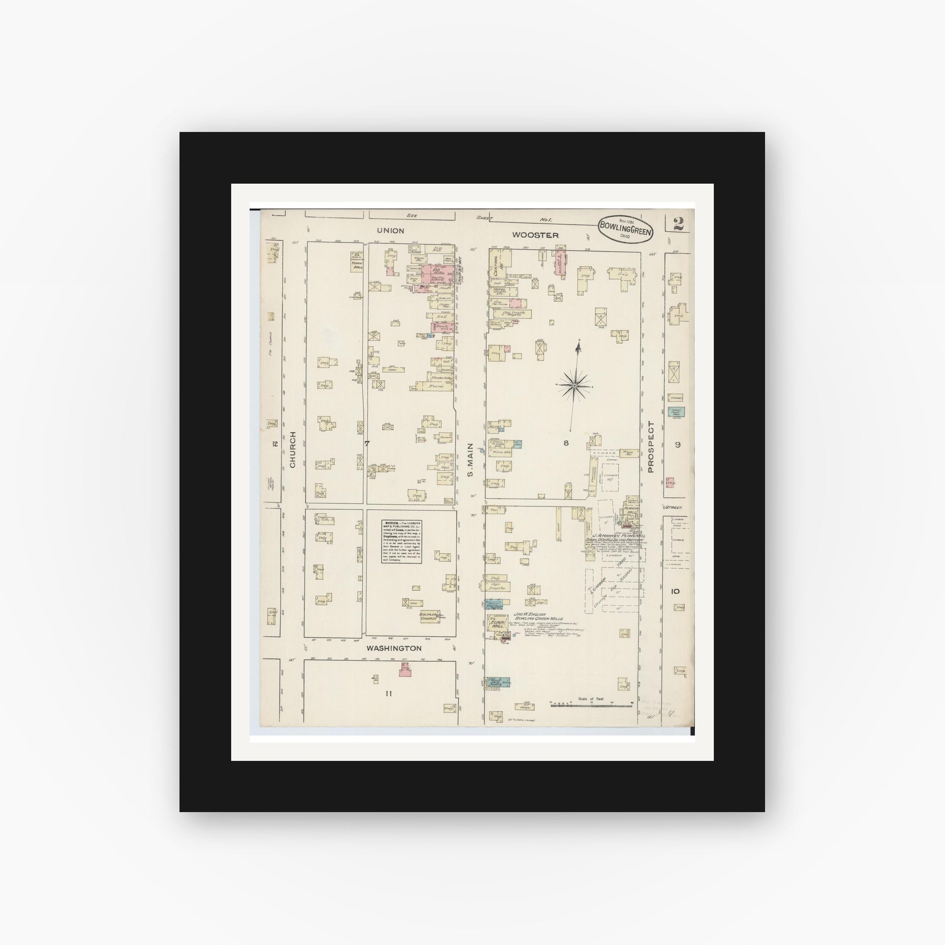 Old map wall art mockup — black gallery frame with white mat — Sanborn Fire Insurance Map from Bowling Green, Wood County, Ohio (1884), Sheet #0002