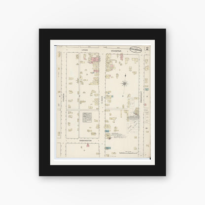 Old map wall art mockup — black gallery frame with white mat — Sanborn Fire Insurance Map from Bowling Green, Wood County, Ohio (1884), Sheet #0002