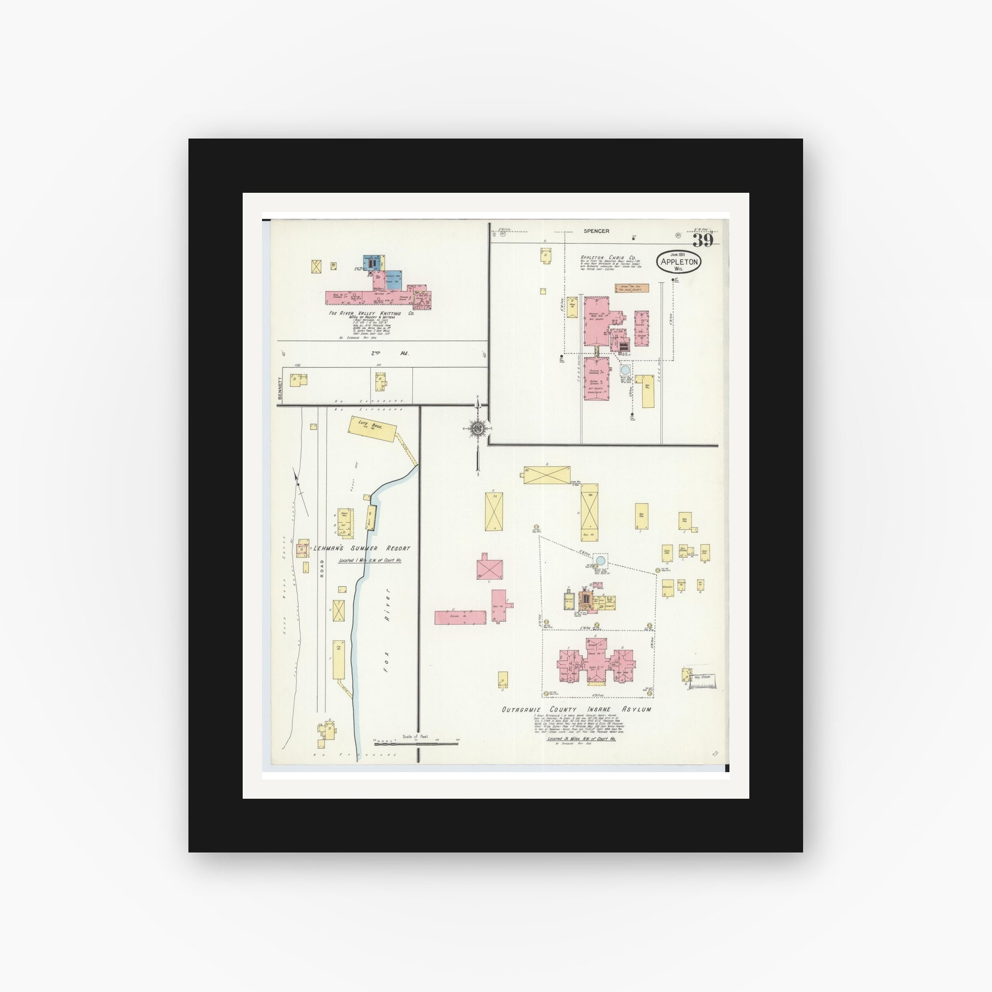 Old map wall art mockup — black gallery frame with white mat — Sanborn Fire Insurance Map from Appleton, Outagamie County, Wisconsin (1911), Sheet #0039