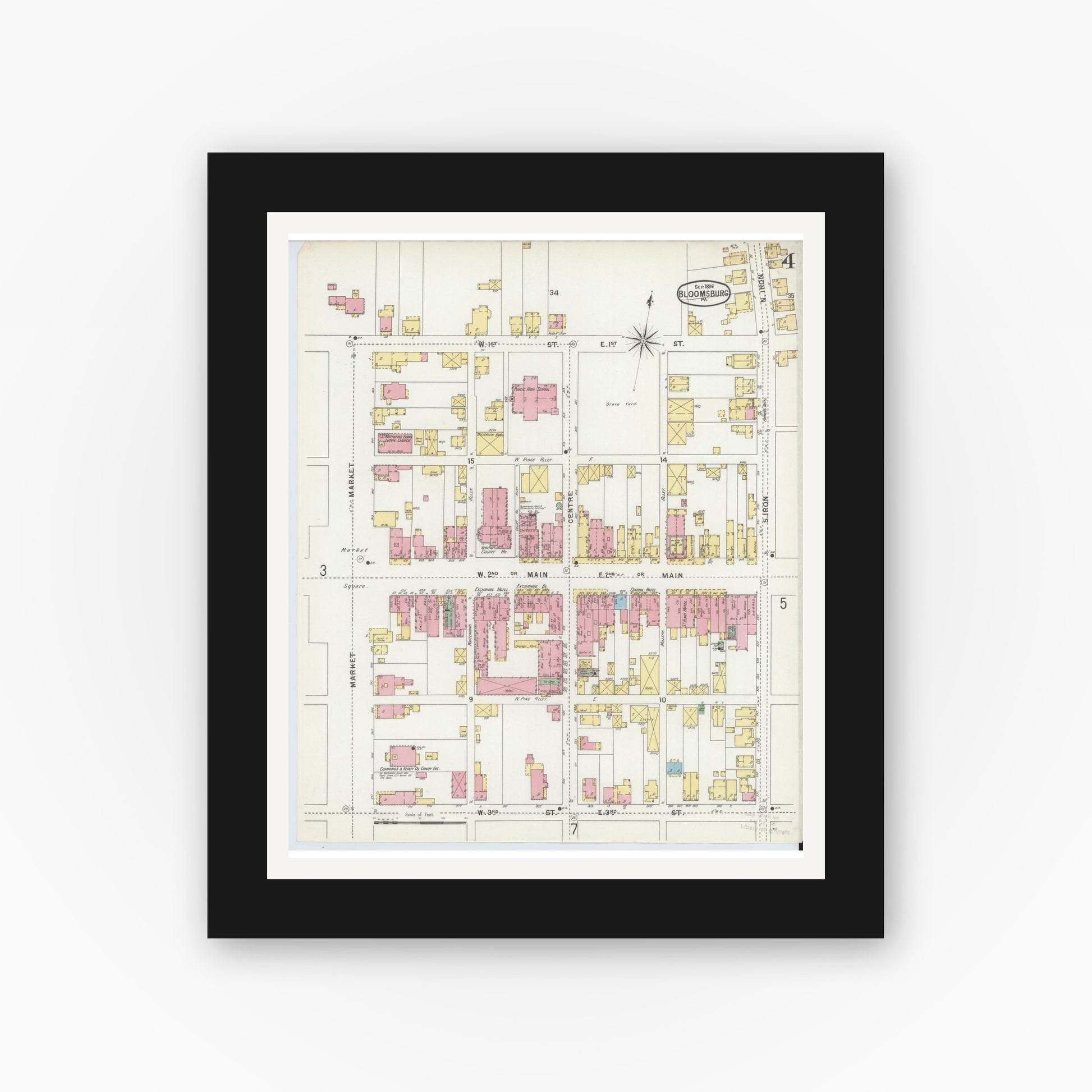 Old map wall art mockup — black gallery frame with white mat — Sanborn Fire Insurance Map from Bloomsburg, Columbia County, Pennsylvania (1896), Sheet #0004