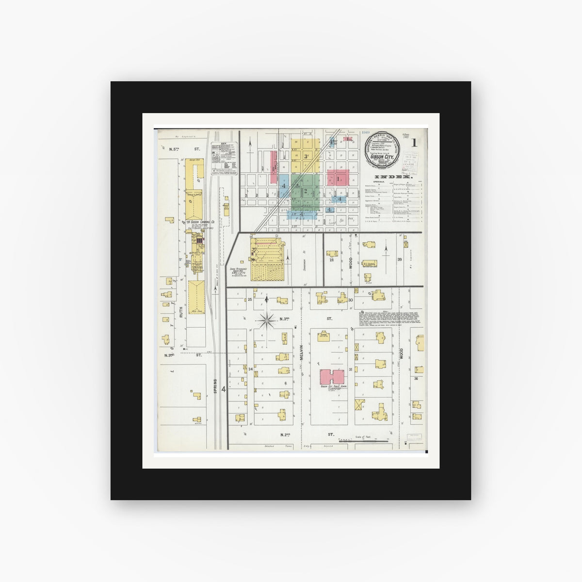 Old map wall art mockup — black gallery frame with white mat — Sanborn Fire Insurance Map from Gibson City, Ford County, Illinois (1900), Sheet #0001