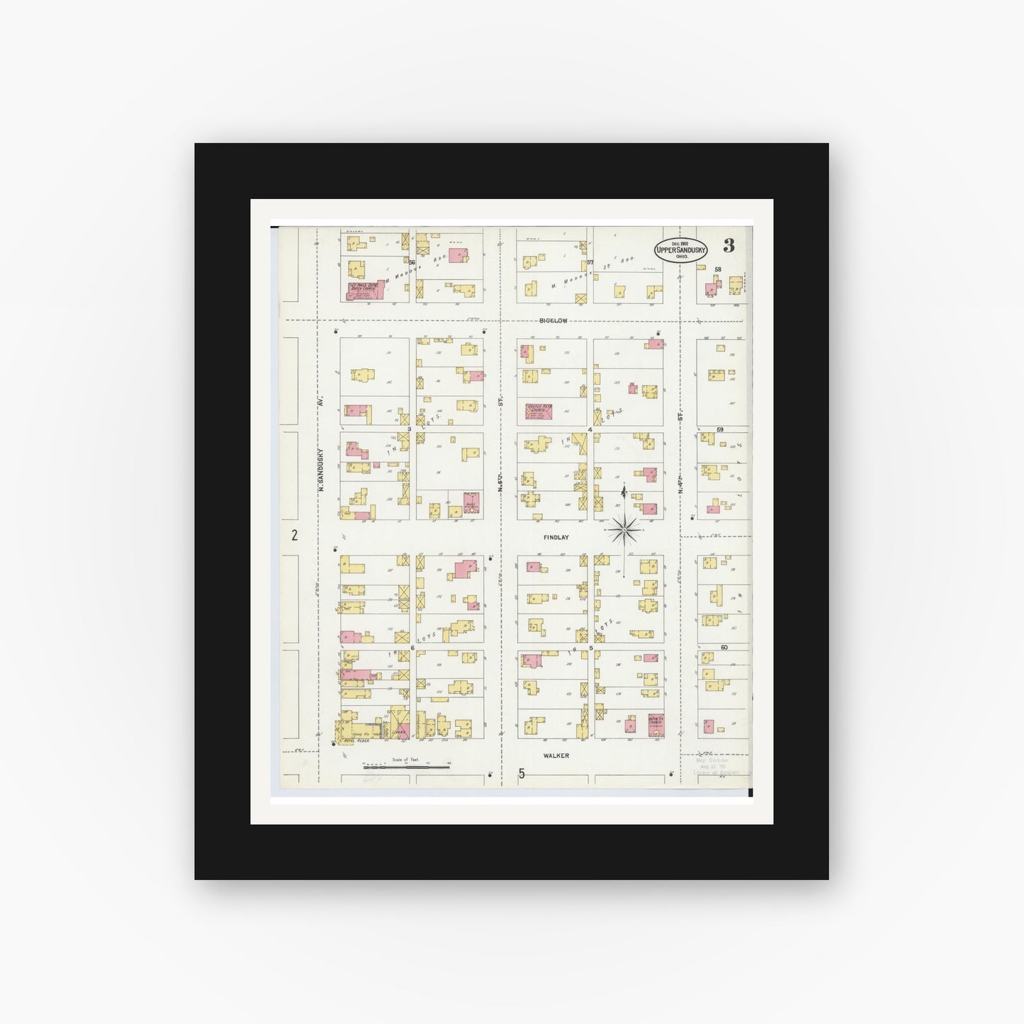 Old map wall art mockup — black gallery frame with white mat — Sanborn Fire Insurance Map from Upper Sandusky, Wyandot County, Ohio (1902), Sheet #0003