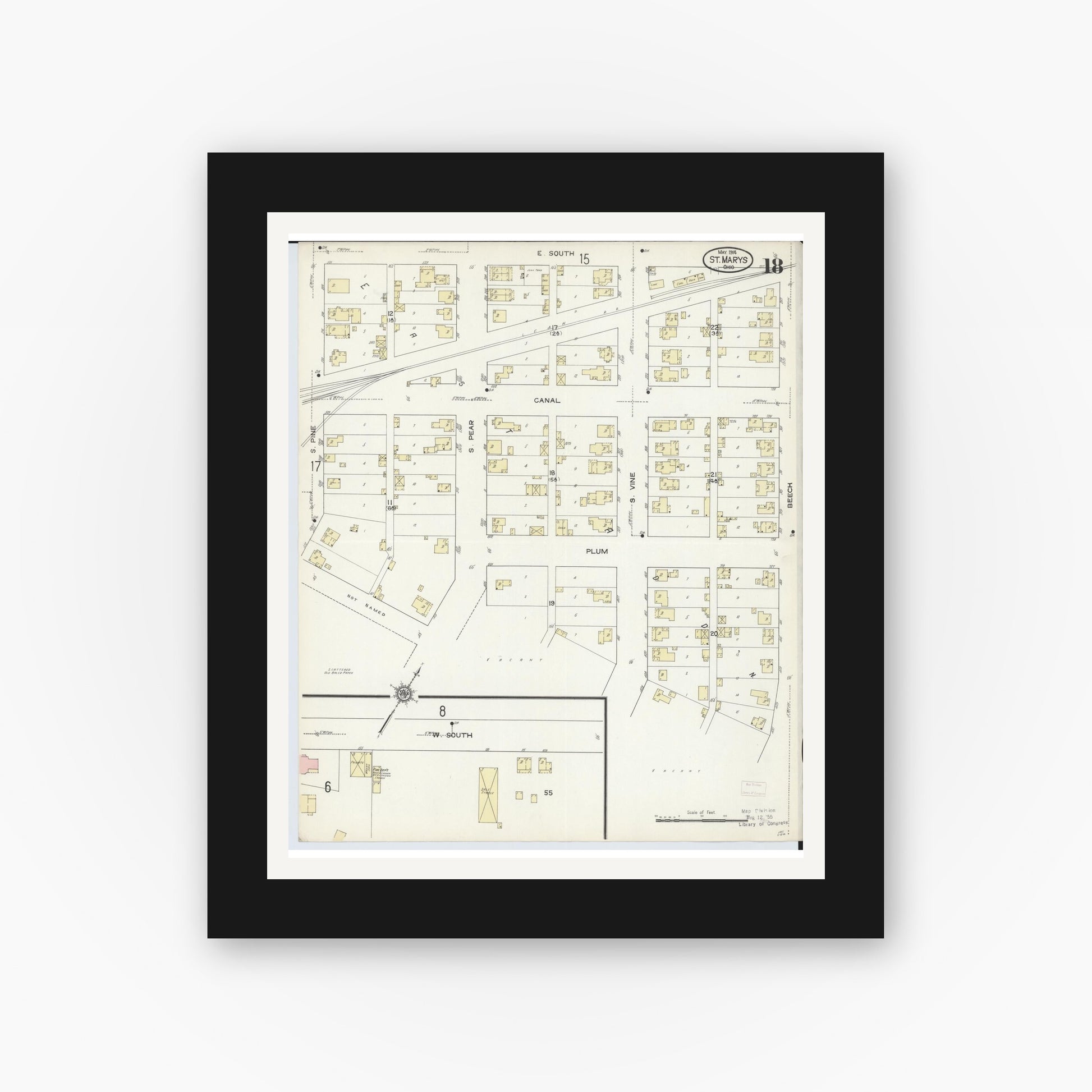 Old map wall art mockup — black gallery frame with white mat — Sanborn Fire Insurance Map from Saint Marys, Auglaize County, Ohio (1914), Sheet #0018