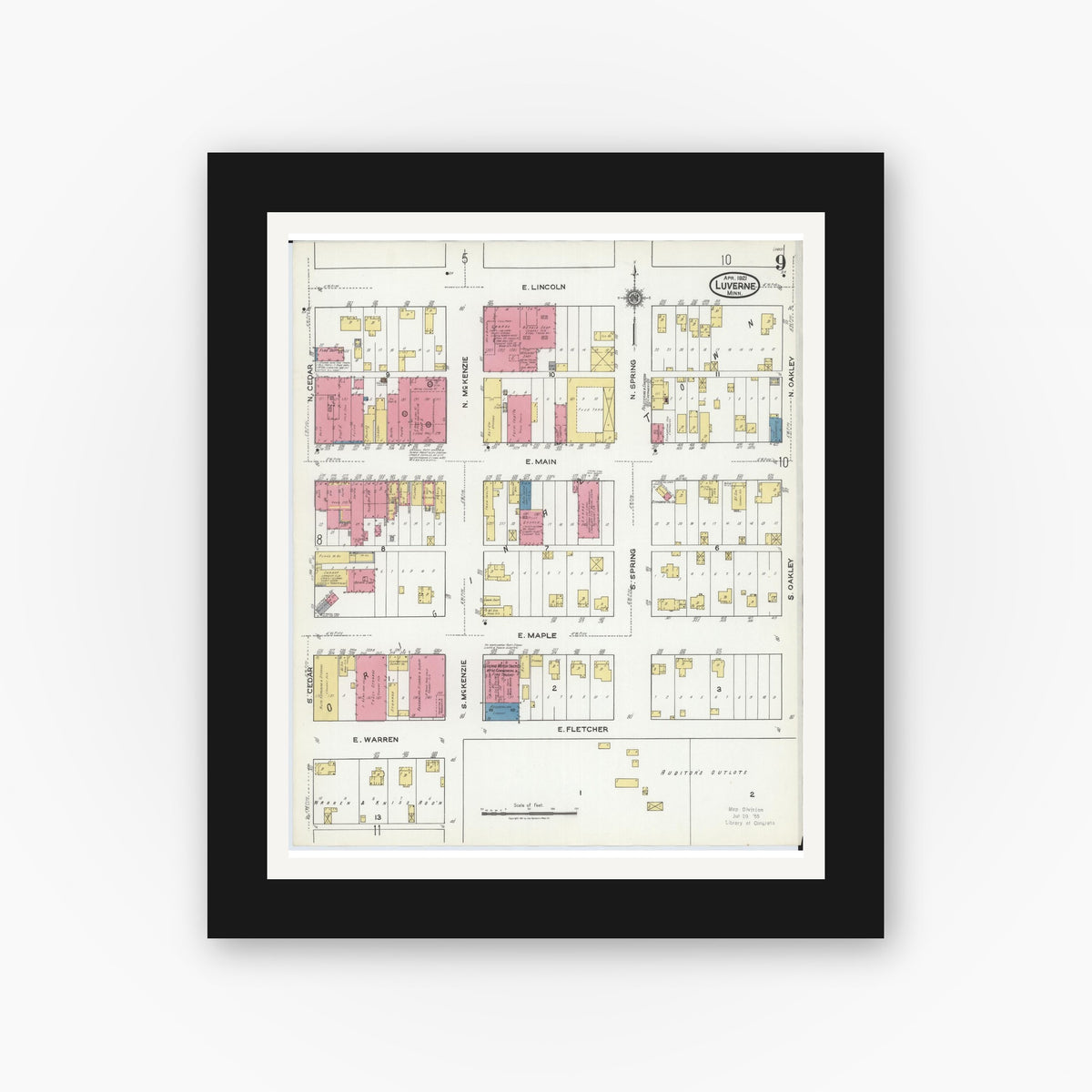 Old map wall art mockup — black gallery frame with white mat — Sanborn Fire Insurance Map from Luverne, Rock County, Minnesota (1921), Sheet #0009