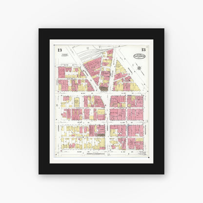Old map wall art mockup — black gallery frame with white mat — Sanborn Fire Insurance Map from East Liverpool, Columbiana County, Ohio (1923), Sheet #0013