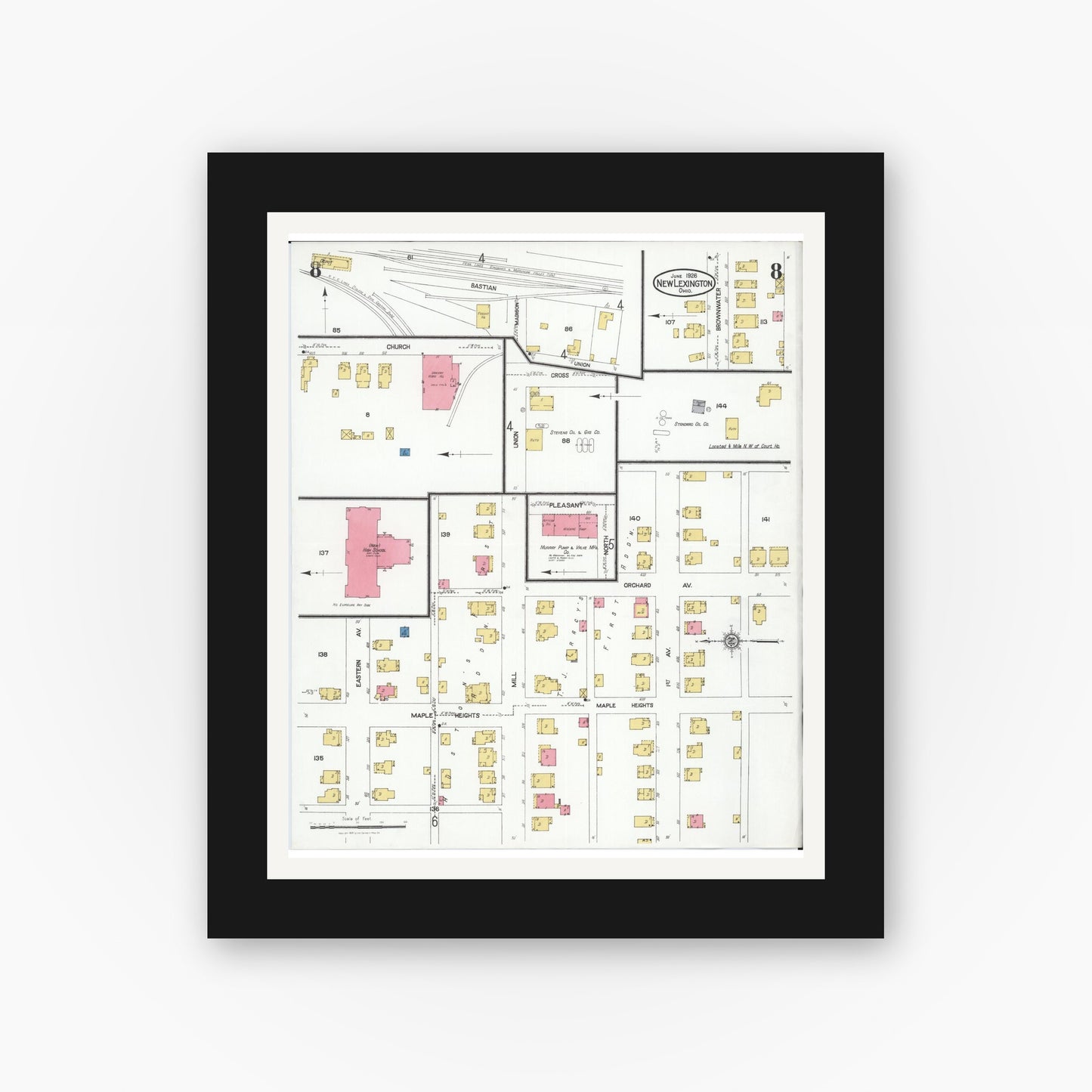 Old map wall art mockup — black gallery frame with white mat — Sanborn Fire Insurance Map from New Lexington, Perry County, Ohio (1926), Sheet #0008