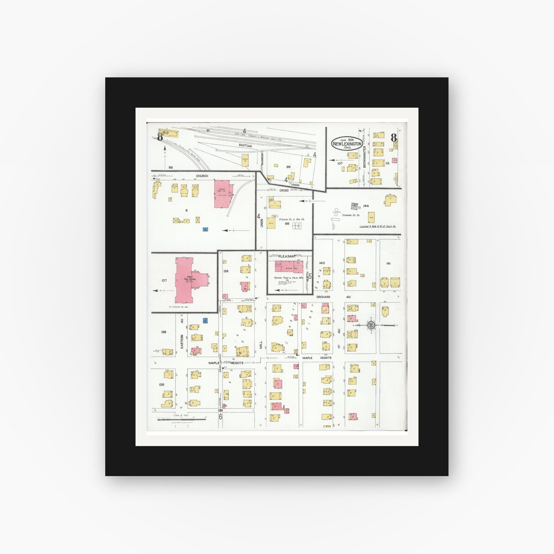 Old map wall art mockup — black gallery frame with white mat — Sanborn Fire Insurance Map from New Lexington, Perry County, Ohio (1926), Sheet #0008