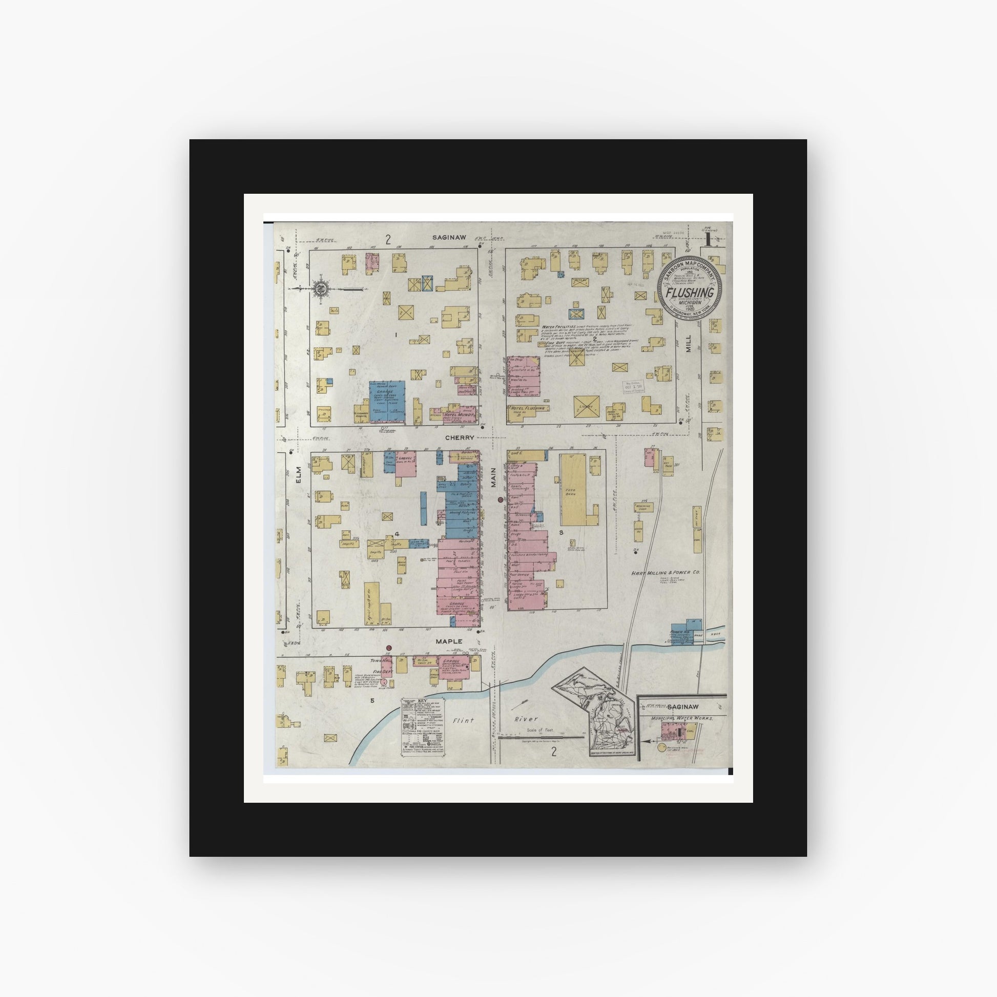 Old map wall art mockup — black gallery frame with white mat — Sanborn Fire Insurance Map from Flushing, Genesee County, Michigan (1920) - Complete Map Set