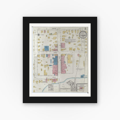 Old map wall art mockup — black gallery frame with white mat — Sanborn Fire Insurance Map from Flushing, Genesee County, Michigan (1920) - Complete Map Set