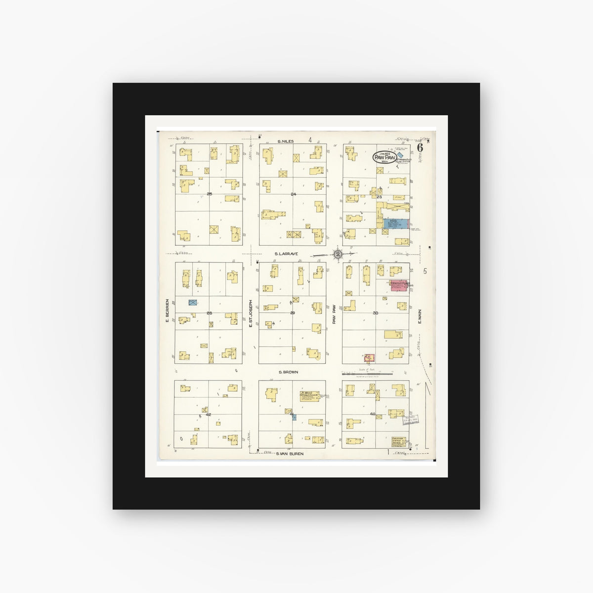 Old map wall art mockup — black gallery frame with white mat — Sanborn Fire Insurance Map from Paw Paw, Van Buren County, Michigan (1922), Sheet #0006