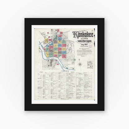 Old map wall art mockup — black gallery frame with white mat — Sanborn Fire Insurance Map from Kankakee, Kankakee County, Illinois (1907), Sheet #0001