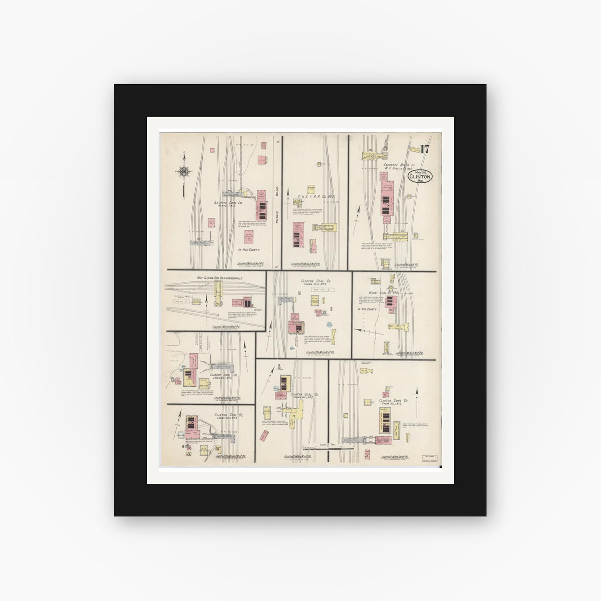 Old map wall art mockup — black gallery frame with white mat — Sanborn Fire Insurance Map from Clinton, Vermillion County, Indiana (1915), Sheet #0017