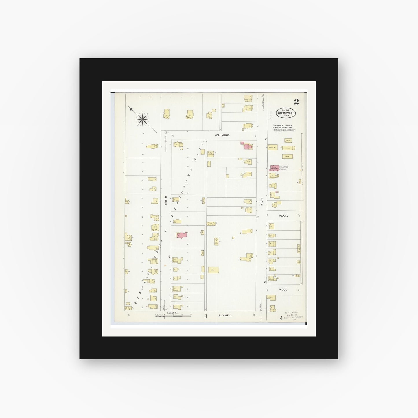 Old map wall art mockup — black gallery frame with white mat — Sanborn Fire Insurance Map from Hicksville, Defiance County, Ohio (1908), Sheet #0002