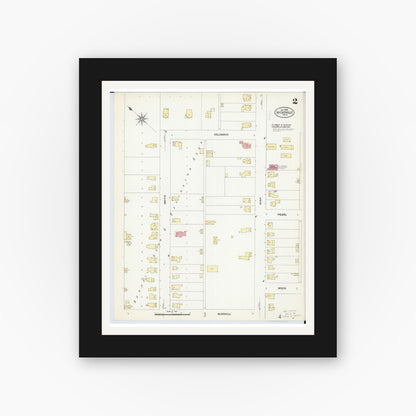 Old map wall art mockup — black gallery frame with white mat — Sanborn Fire Insurance Map from Hicksville, Defiance County, Ohio (1908), Sheet #0002