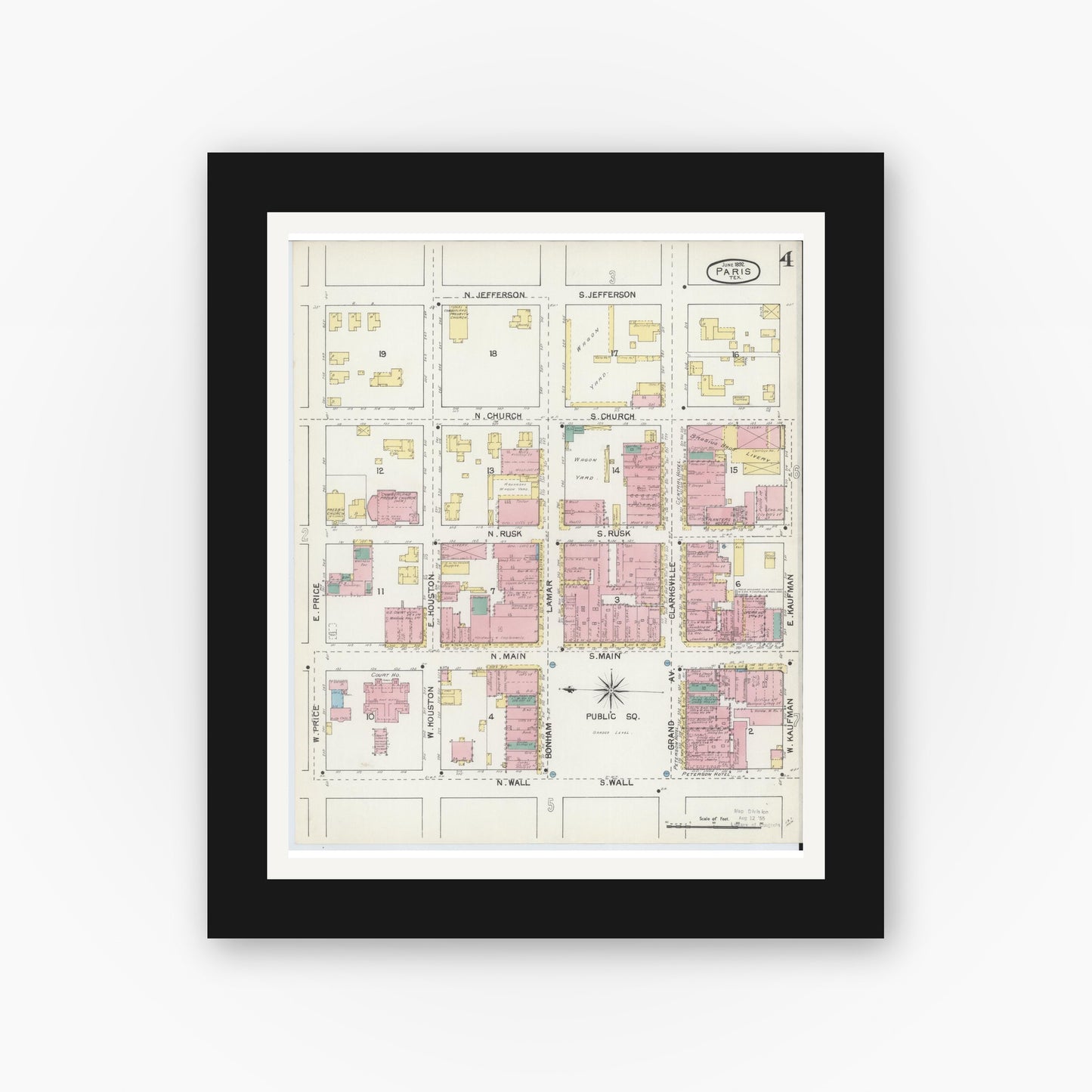 Old map wall art mockup — black gallery frame with white mat — Sanborn Fire Insurance Map from Paris, Lamar County, Texas (1892), Sheet #0004