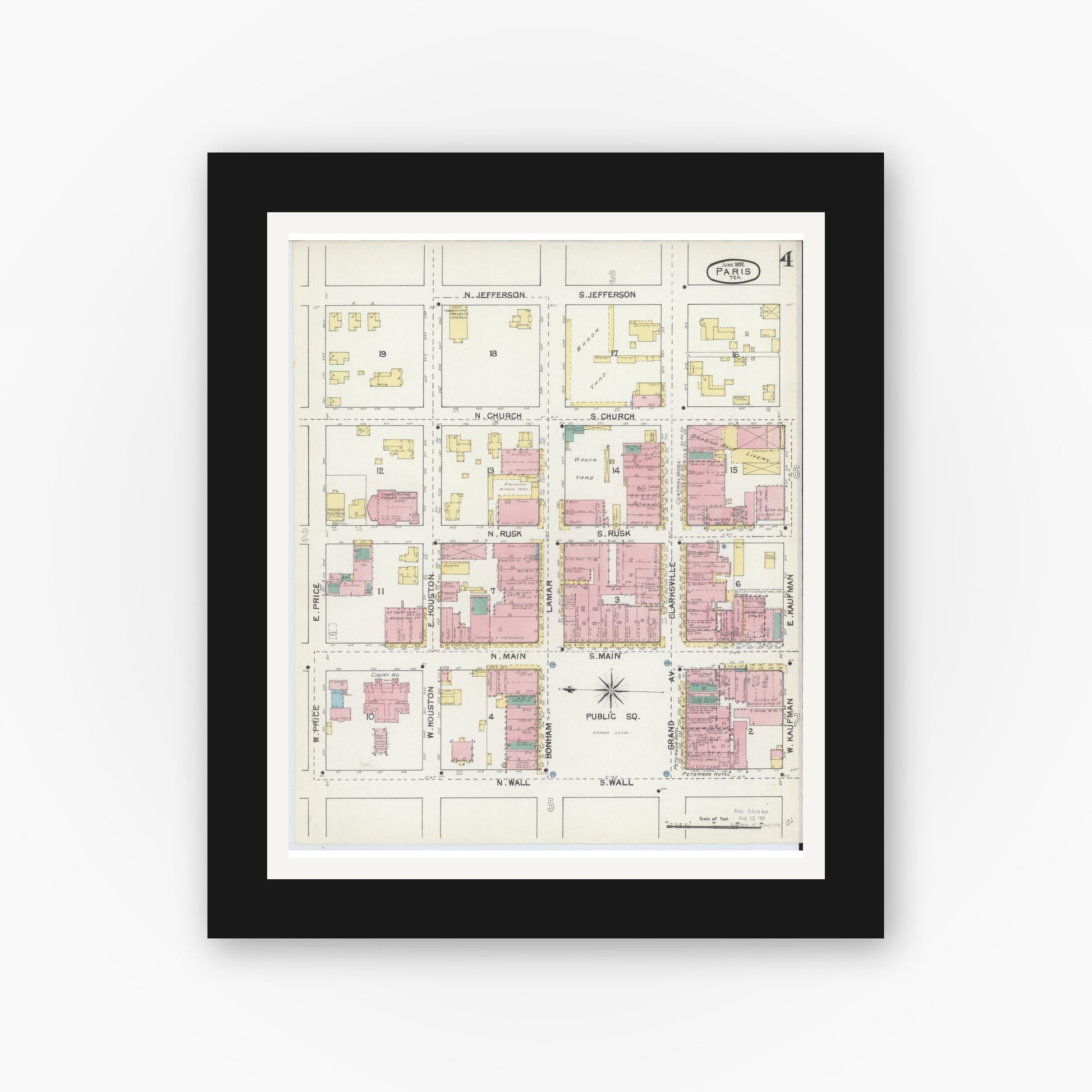 Old map wall art mockup — black gallery frame with white mat — Sanborn Fire Insurance Map from Paris, Lamar County, Texas (1892), Sheet #0004