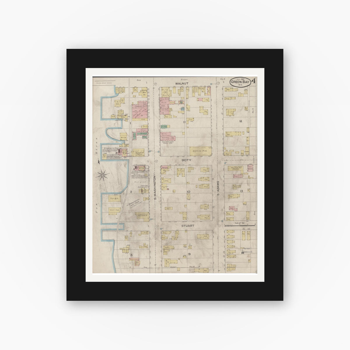 Old map wall art mockup — black gallery frame with white mat — Sanborn Fire Insurance Map from Green Bay, Brown County, Wisconsin (1887), Sheet #0004