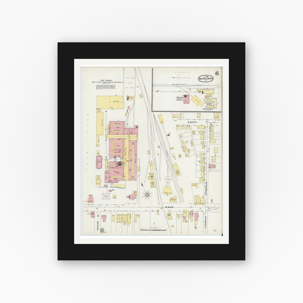Old map wall art mockup — black gallery frame with white mat — Sanborn Fire Insurance Map from Waynesboro, Franklin County, Pennsylvania (1896), Sheet #0006