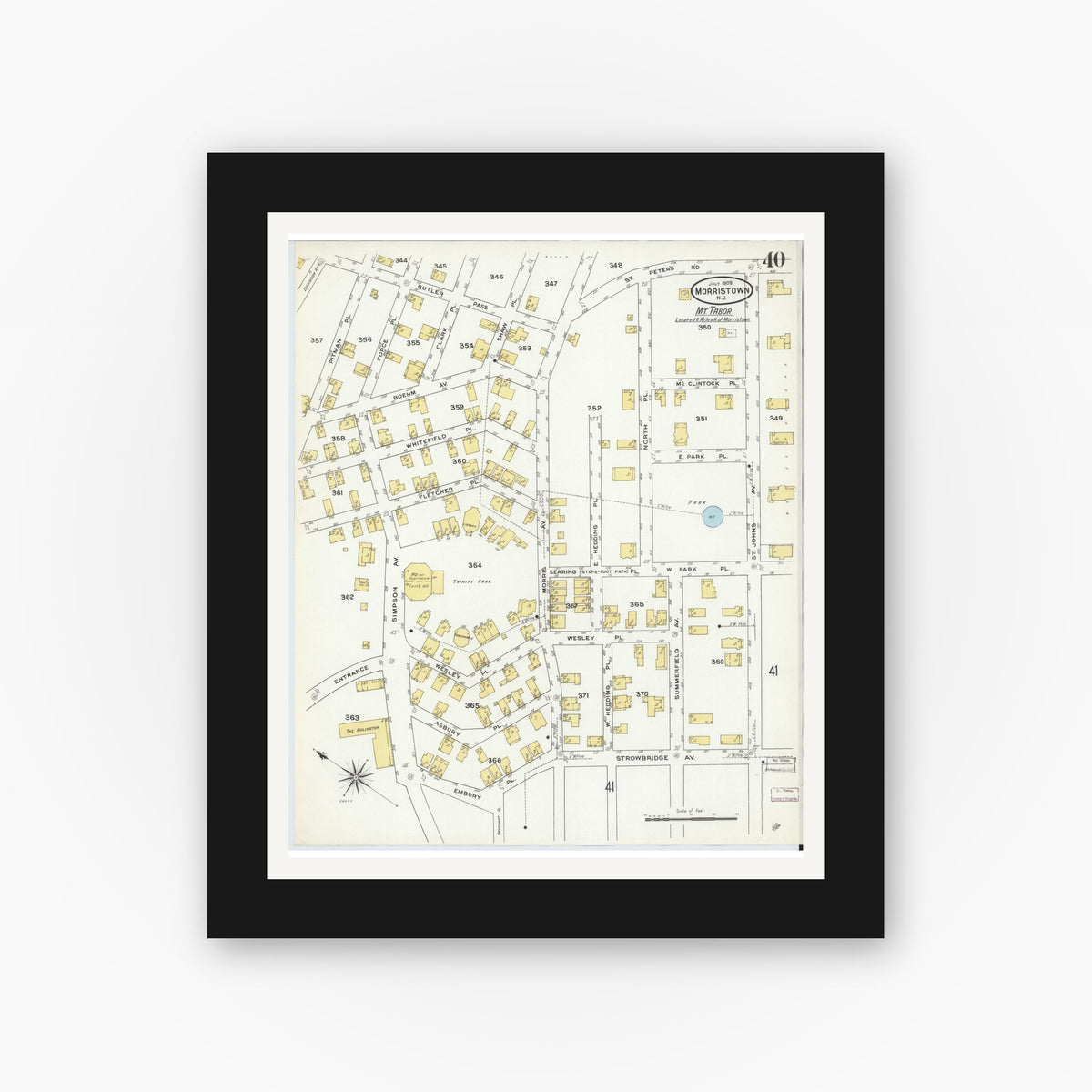 Old map wall art mockup — black gallery frame with white mat — Sanborn Fire Insurance Map from Morristown, Morris County, New Jersey (1909), Sheet #0040