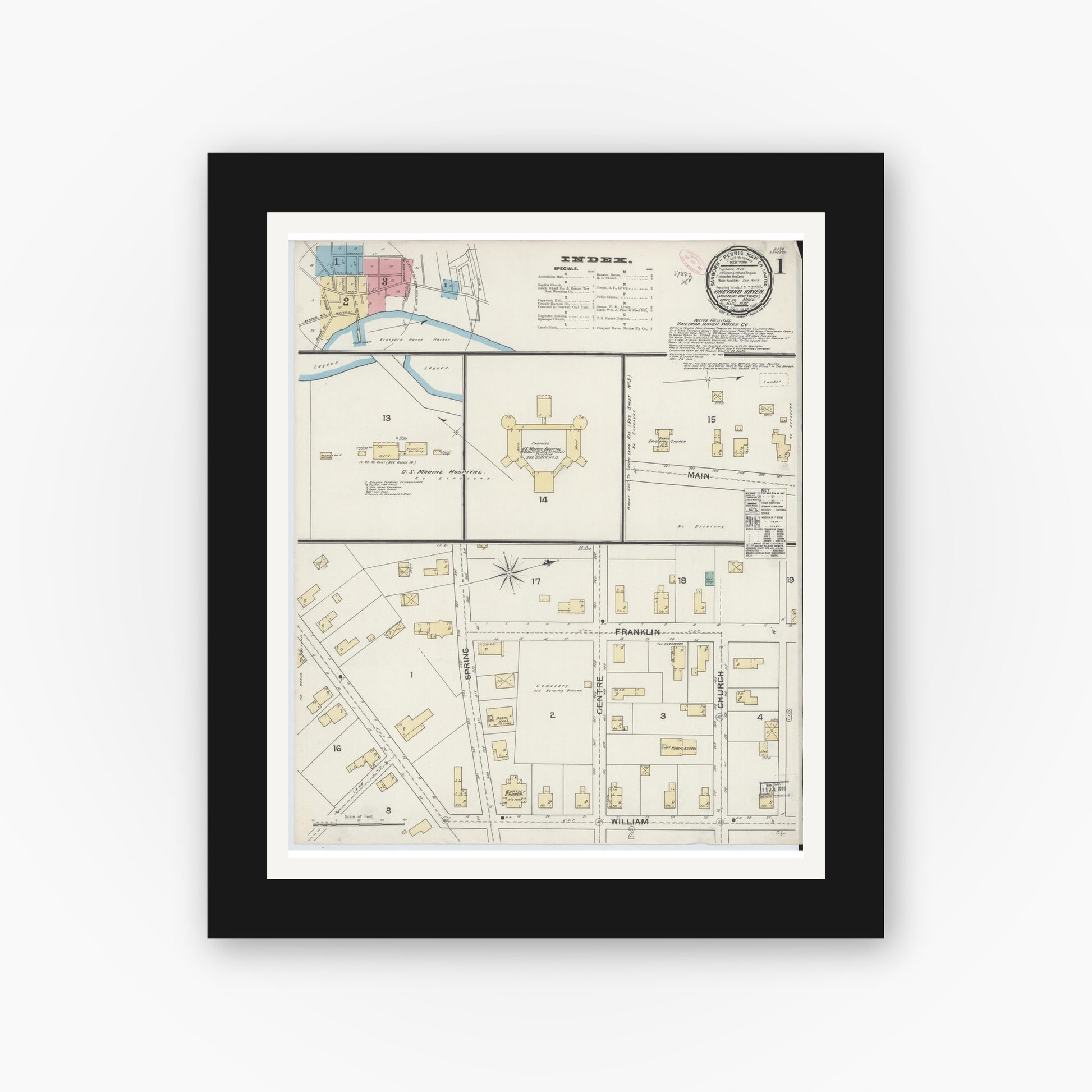 Old map wall art mockup — black gallery frame with white mat — Sanborn Fire Insurance Map from Vineyard Haven, Dukes County, Massachusetts (1892) - Complete Map Set