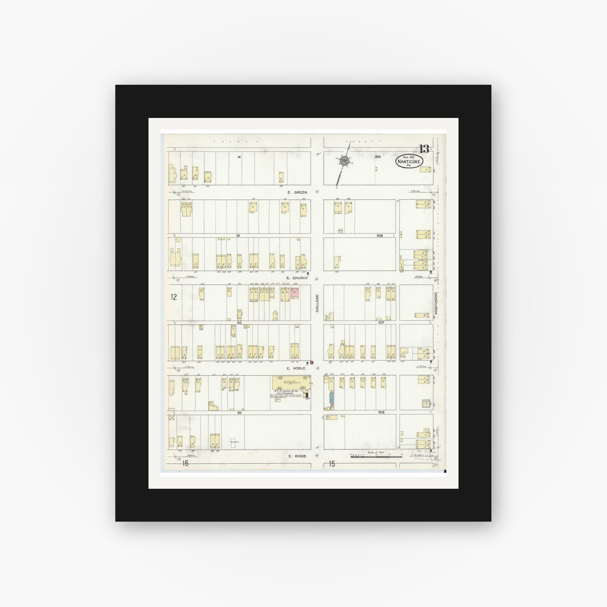 Old map wall art mockup — black gallery frame with white mat — Sanborn Fire Insurance Map from Nanticoke, Luzerne County, Pennsylvania (1912), Sheet #0013