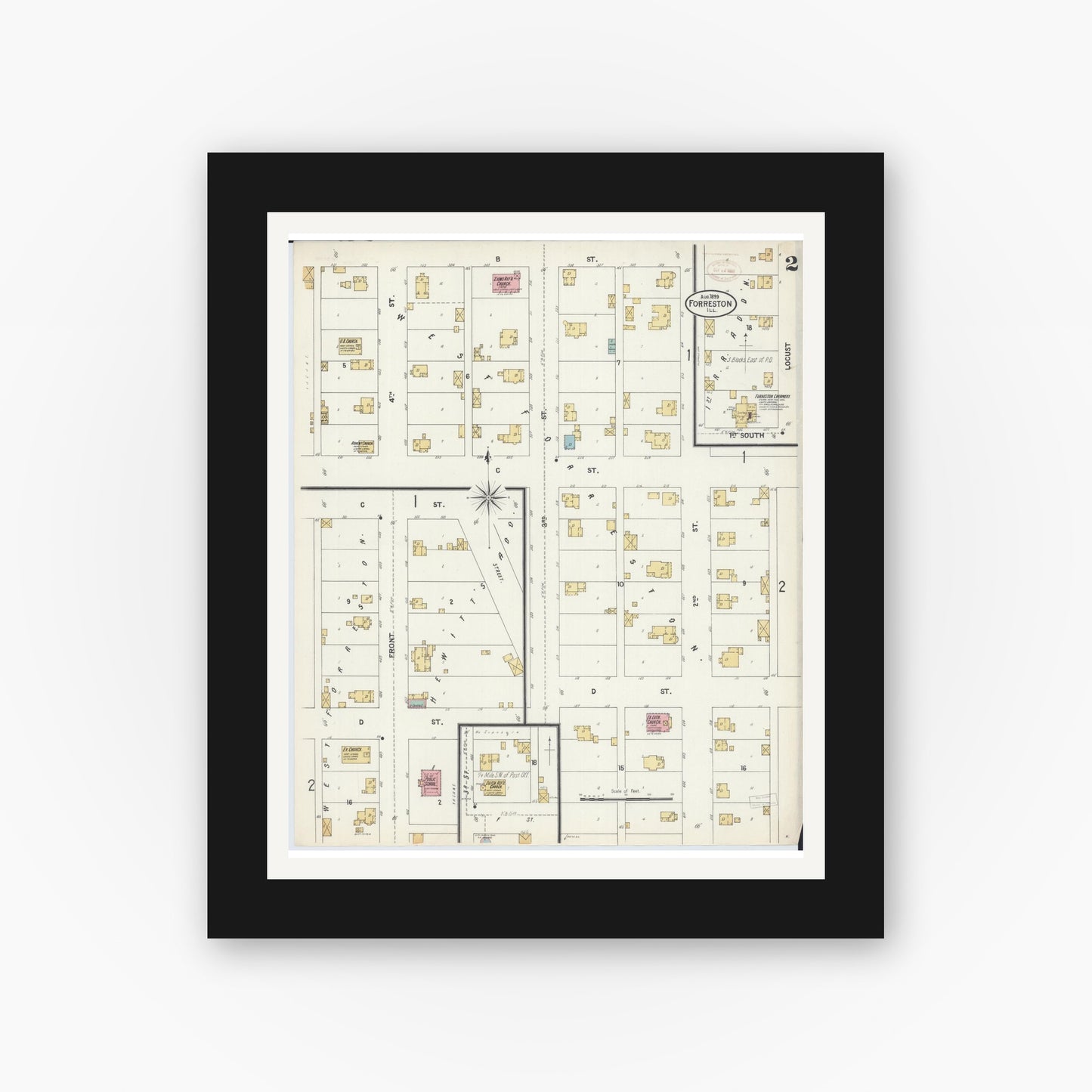 Old map wall art mockup — black gallery frame with white mat — Sanborn Fire Insurance Map from Forreston, Ogle County, Illinois (1899), Sheet #0002