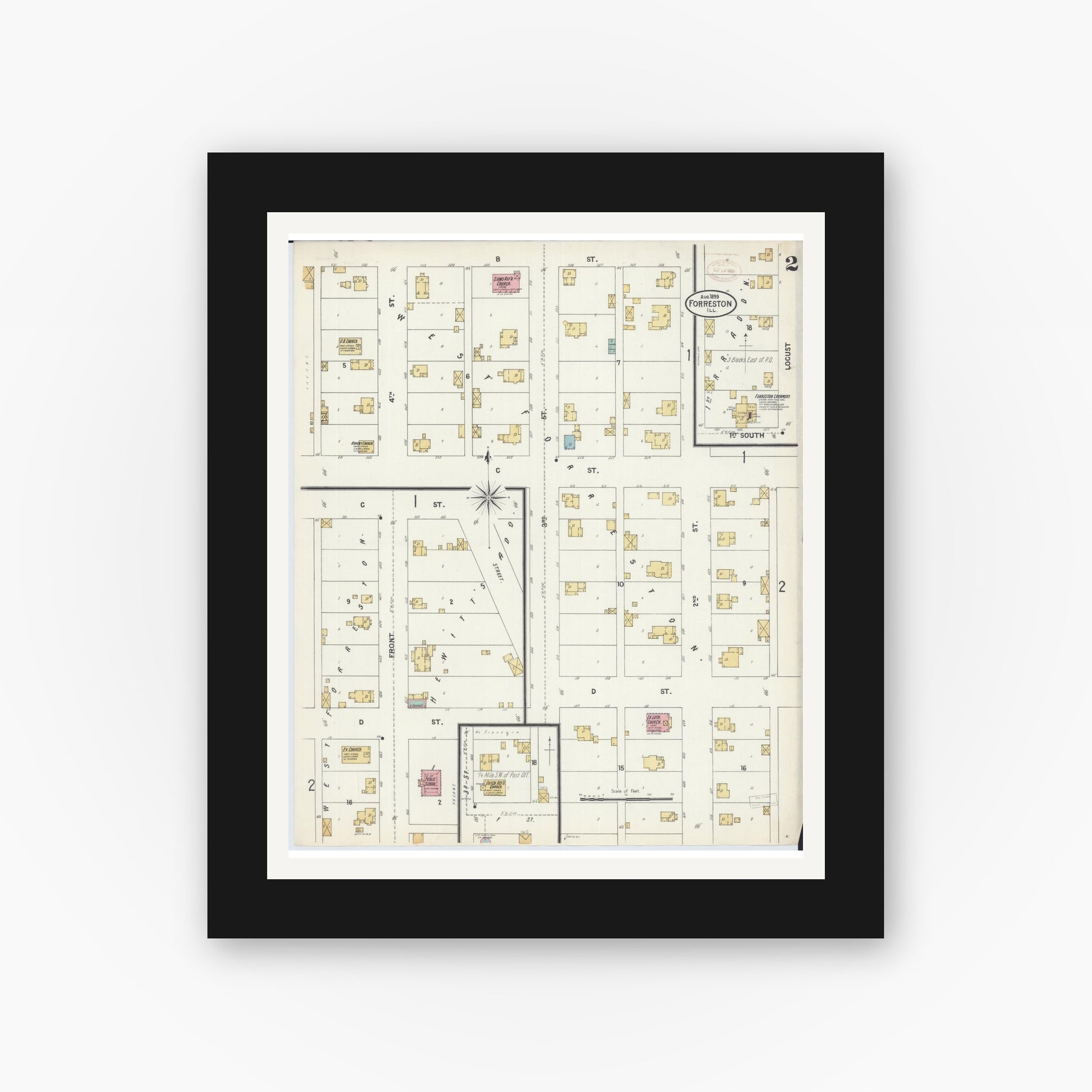 Old map wall art mockup — black gallery frame with white mat — Sanborn Fire Insurance Map from Forreston, Ogle County, Illinois (1899), Sheet #0002