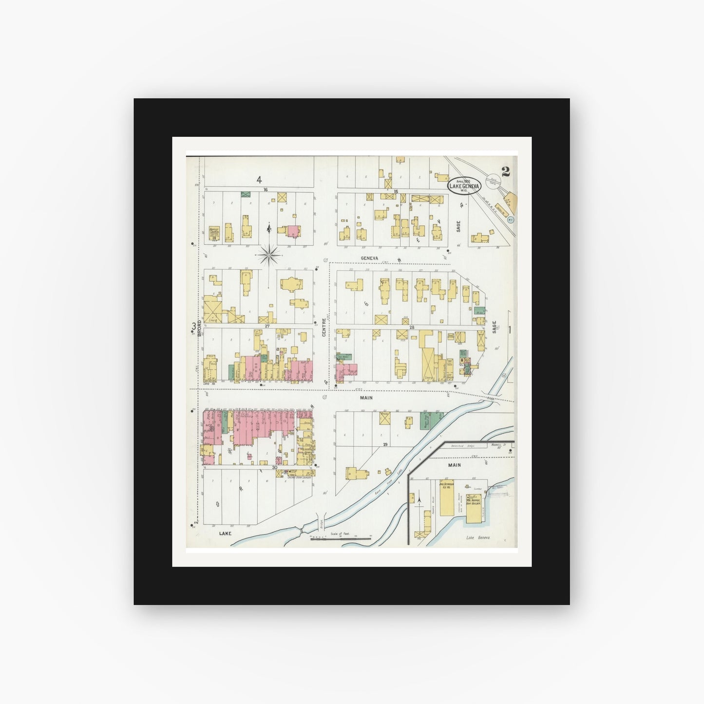 Old map wall art mockup — black gallery frame with white mat — Sanborn Fire Insurance Map from Lake Geneva, Walworth County, Wisconsin (1900) - Complete Map Set