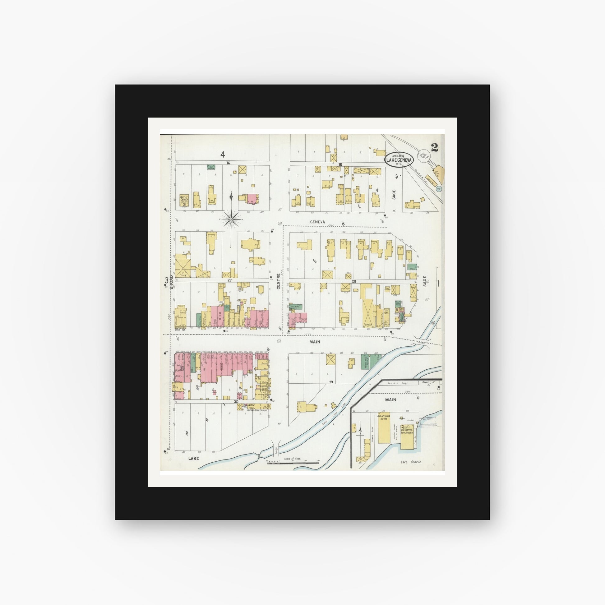 Old map wall art mockup — black gallery frame with white mat — Sanborn Fire Insurance Map from Lake Geneva, Walworth County, Wisconsin (1900) - Complete Map Set
