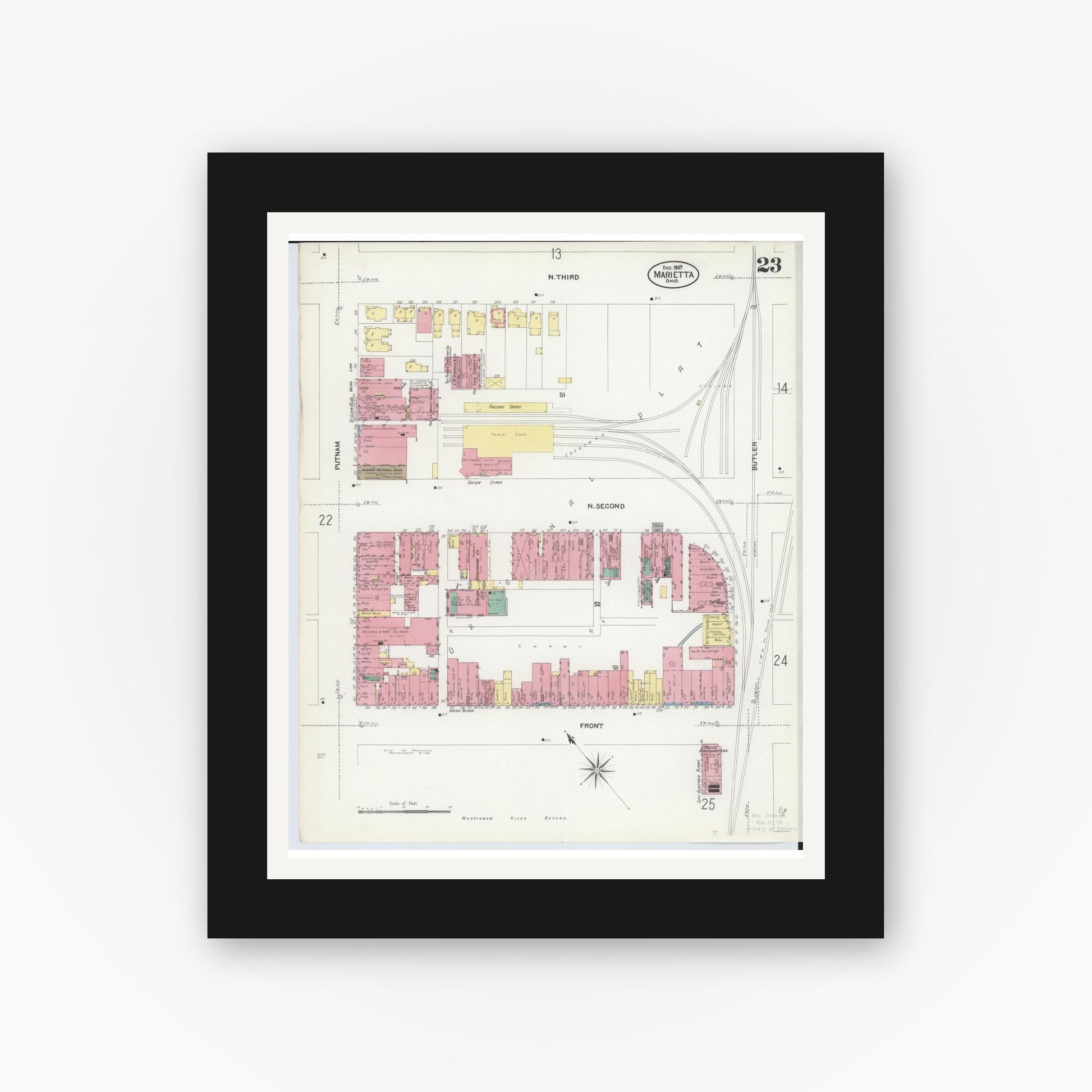 Old map wall art mockup — black gallery frame with white mat — Sanborn Fire Insurance Map from Marietta, Washington County, Ohio (1907), Sheet #0023