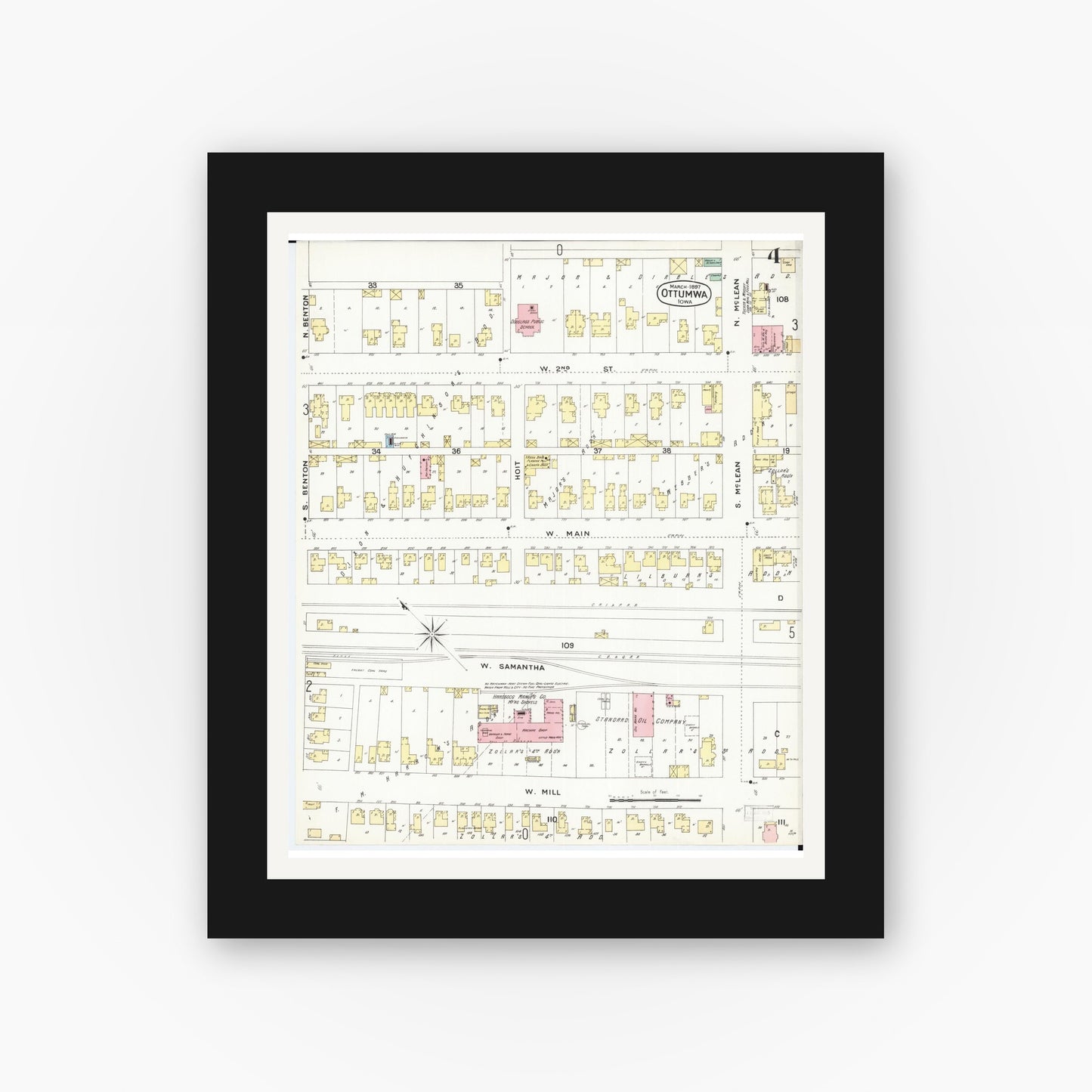 Old map wall art mockup — black gallery frame with white mat — Sanborn Fire Insurance Map from Ottumwa, Wapello County, Iowa (1897), Sheet #0004