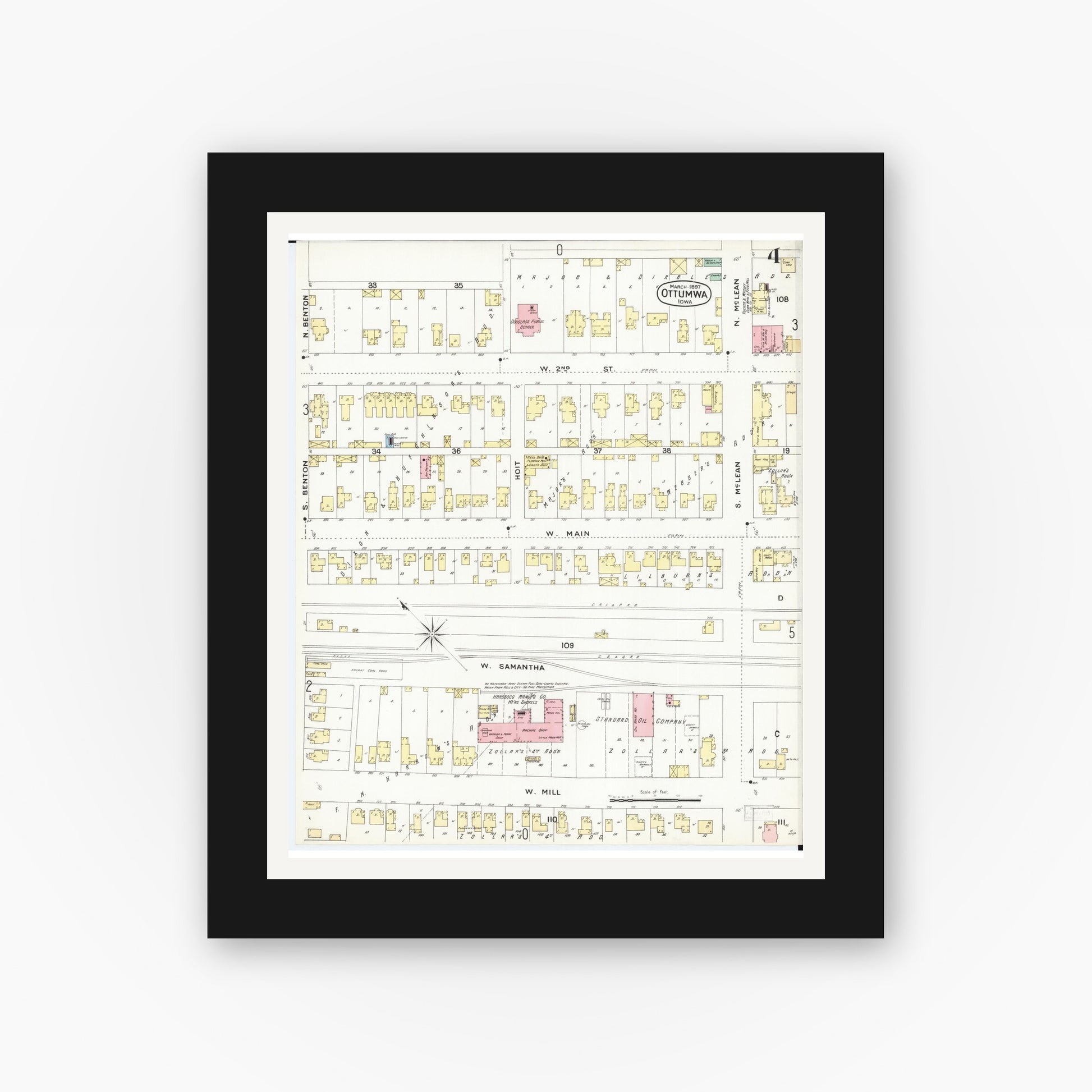 Old map wall art mockup — black gallery frame with white mat — Sanborn Fire Insurance Map from Ottumwa, Wapello County, Iowa (1897), Sheet #0004
