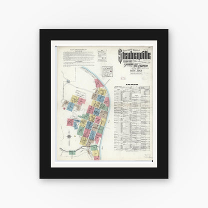Old map wall art mockup — black gallery frame with white mat — Sanborn Fire Insurance Map from Steubenville, Jefferson County, Ohio (1913), Sheet #0001