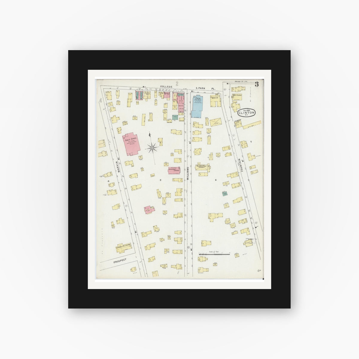 Old map wall art mockup — black gallery frame with white mat — Sanborn Fire Insurance Map from Clinton, Oneida County, New York (1895), Sheet #0003