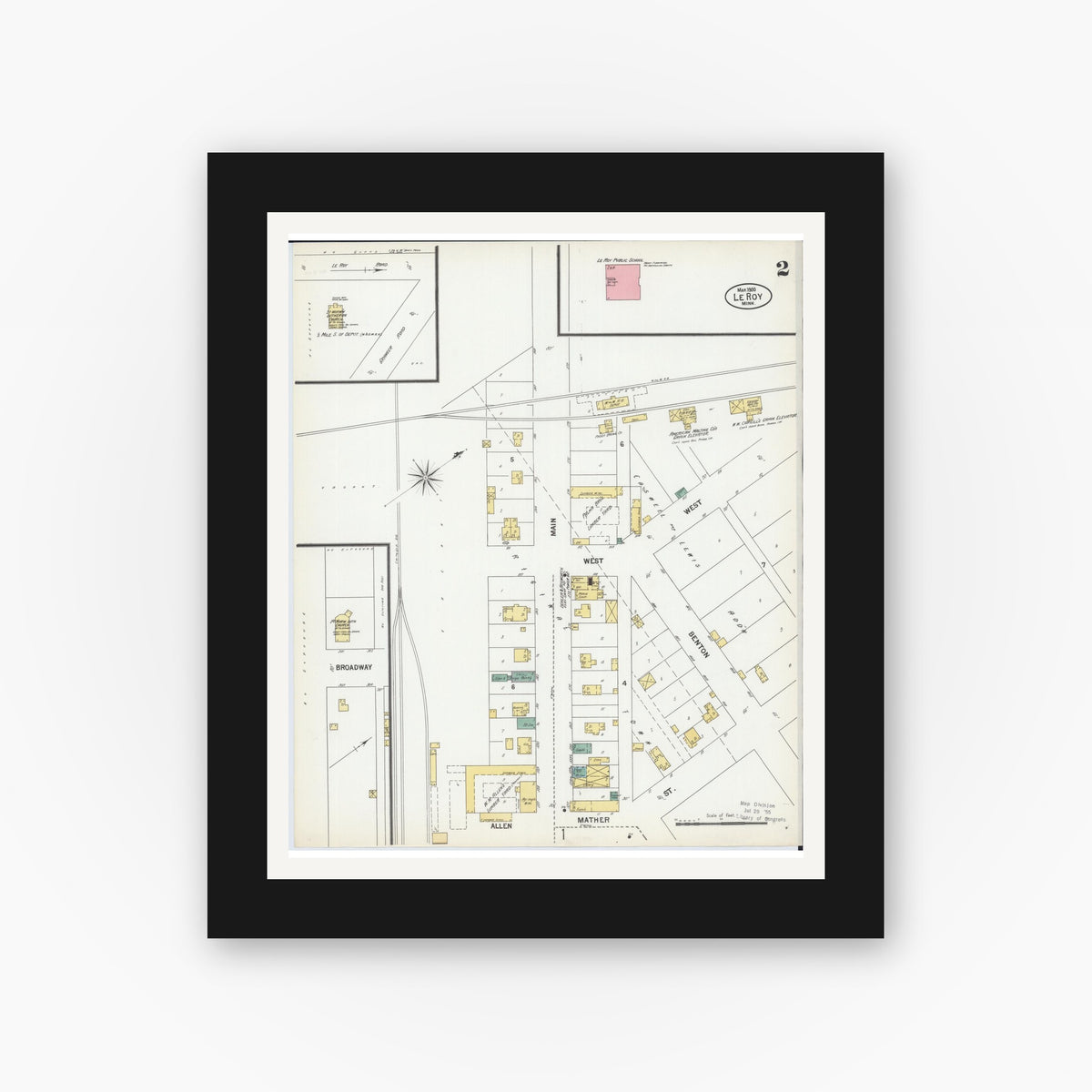 Old map wall art mockup — black gallery frame with white mat — Sanborn Fire Insurance Map from Le Roy, Mower County, Minnesota (1900), Sheet #0002