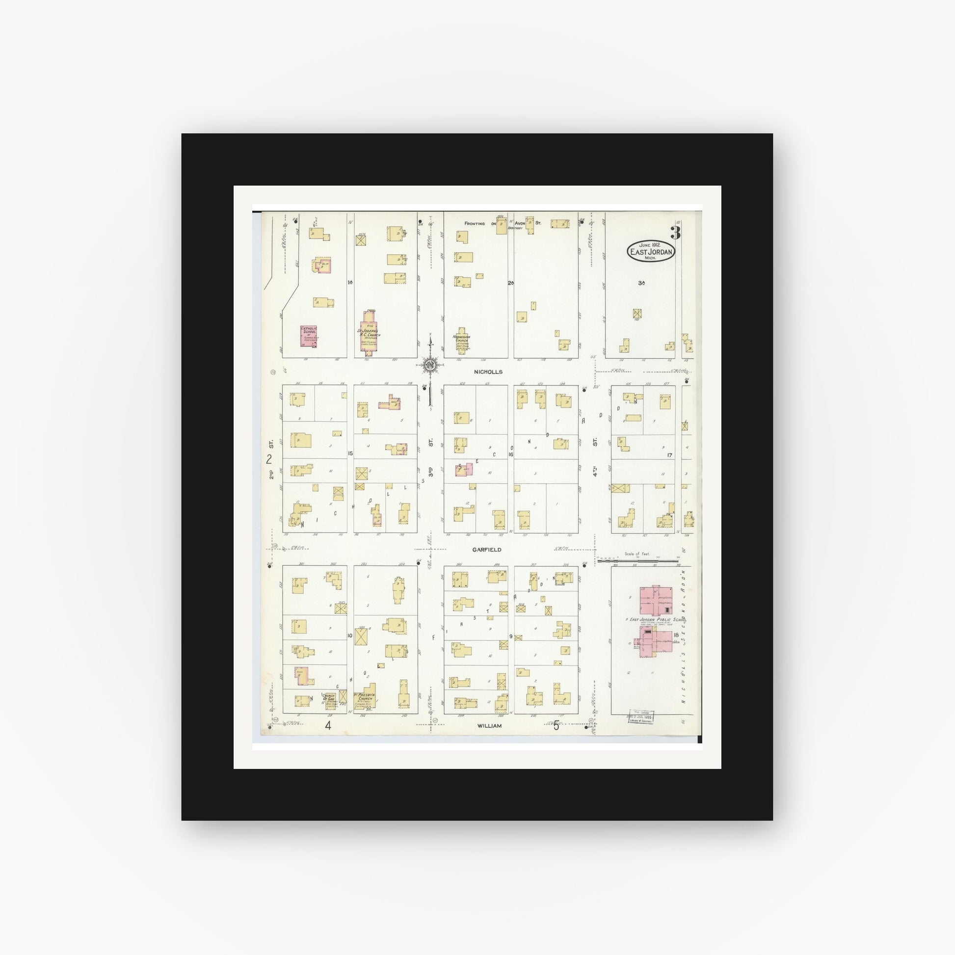 Old map wall art mockup — black gallery frame with white mat — Sanborn Fire Insurance Map from East Jordan, Charlevoix County, Michigan (1912), Sheet #0003