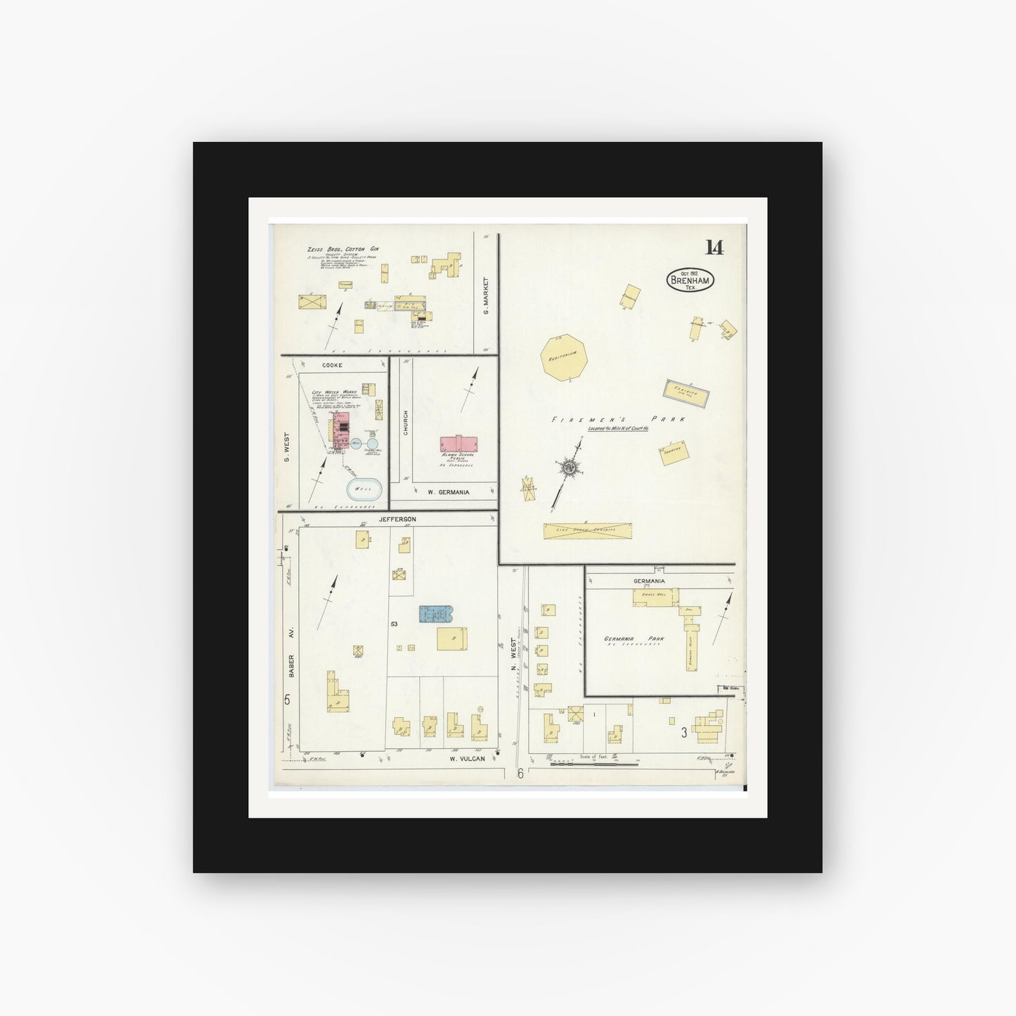 Old map wall art mockup — black gallery frame with white mat — Sanborn Fire Insurance Map from Brenham, Washington County, Texas (1912), Sheet #0014