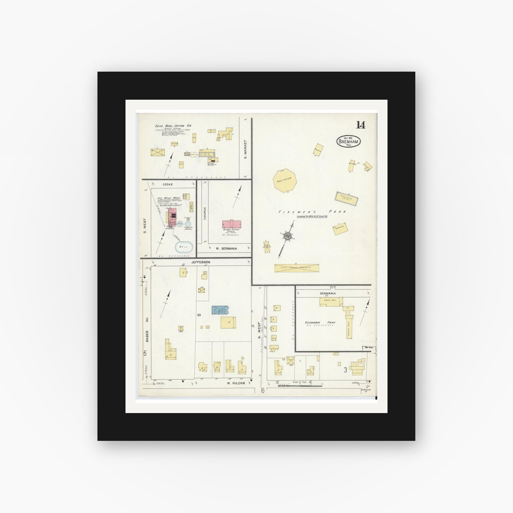 Old map wall art mockup — black gallery frame with white mat — Sanborn Fire Insurance Map from Brenham, Washington County, Texas (1912), Sheet #0014