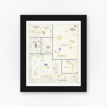 Old map wall art mockup — black gallery frame with white mat — Sanborn Fire Insurance Map from Brenham, Washington County, Texas (1912), Sheet #0014