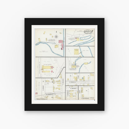 Old map wall art mockup — black gallery frame with white mat — Sanborn Fire Insurance Map from Crawfordsville, Montgomery County, Indiana (1887), Sheet #0007