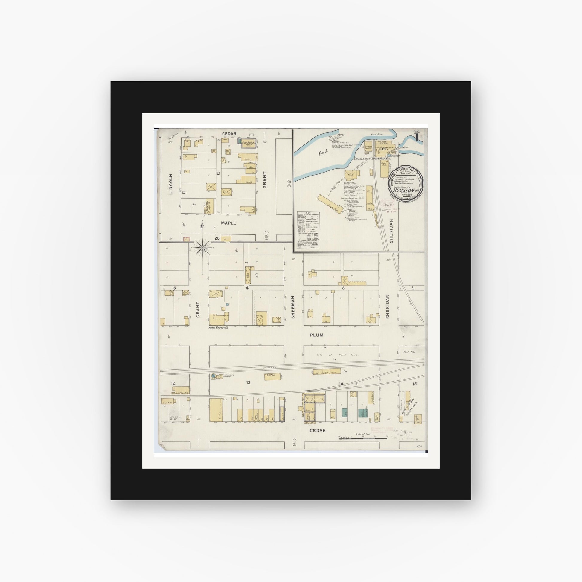 Old map wall art mockup — black gallery frame with white mat — Sanborn Fire Insurance Map from Houston, Houston County, Minnesota (1894), Sheet #0001